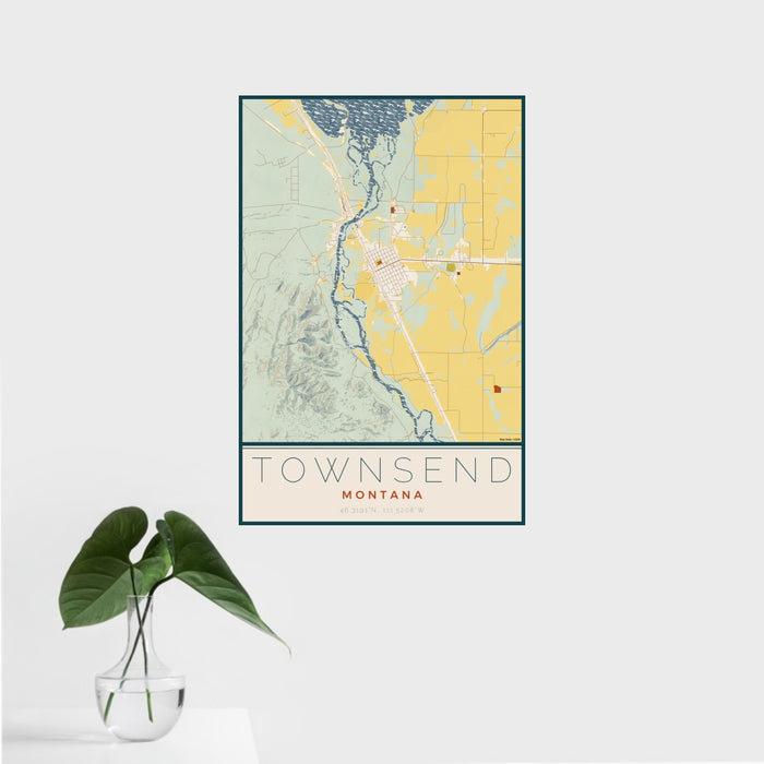 16x24 Townsend Montana Map Print Portrait Orientation in Woodblock Style With Tropical Plant Leaves in Water