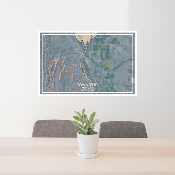 24x36 Townsend Montana Map Print Lanscape Orientation in Afternoon Style Behind 2 Chairs Table and Potted Plant