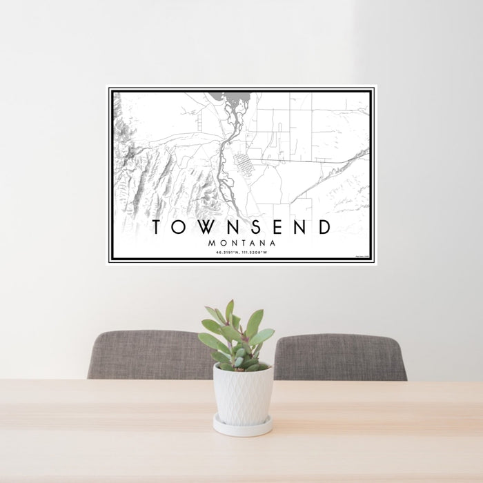 24x36 Townsend Montana Map Print Lanscape Orientation in Classic Style Behind 2 Chairs Table and Potted Plant