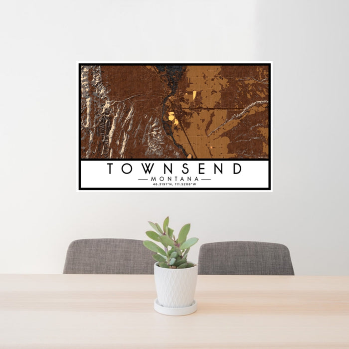 24x36 Townsend Montana Map Print Lanscape Orientation in Ember Style Behind 2 Chairs Table and Potted Plant