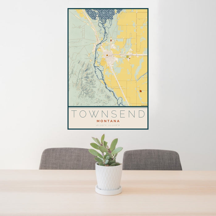 24x36 Townsend Montana Map Print Portrait Orientation in Woodblock Style Behind 2 Chairs Table and Potted Plant