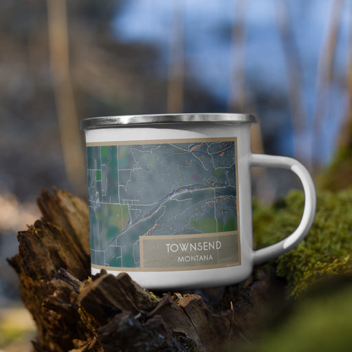 Right View Custom Townsend Montana Map Enamel Mug in Afternoon on Grass With Trees in Background