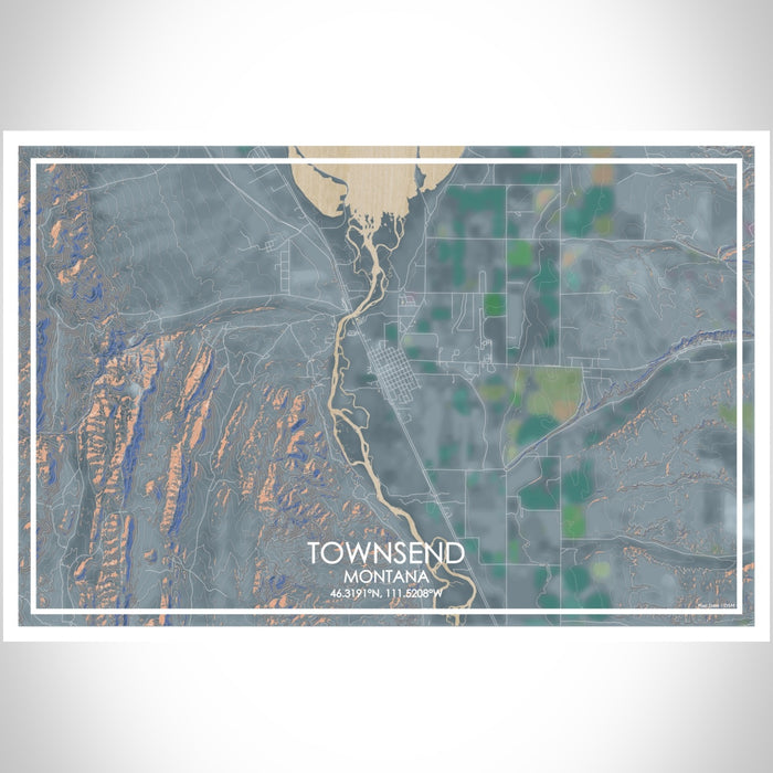 Townsend Montana Map Print Landscape Orientation in Afternoon Style With Shaded Background