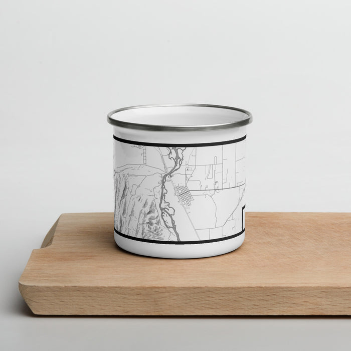 Front View Custom Townsend Montana Map Enamel Mug in Classic on Cutting Board
