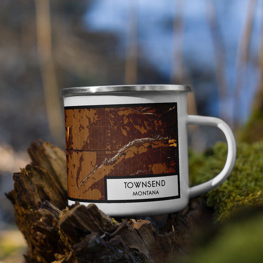 Right View Custom Townsend Montana Map Enamel Mug in Ember on Grass With Trees in Background