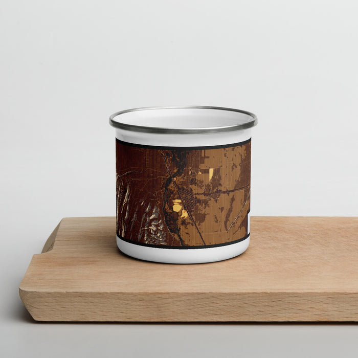 Front View Custom Townsend Montana Map Enamel Mug in Ember on Cutting Board