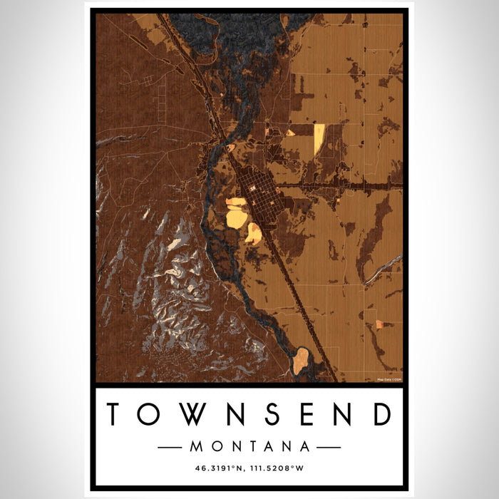 Townsend Montana Map Print Portrait Orientation in Ember Style With Shaded Background