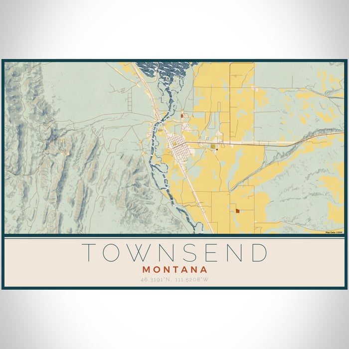 Townsend Montana Map Print Landscape Orientation in Woodblock Style With Shaded Background