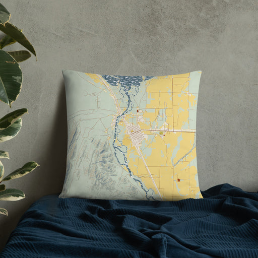 Custom Townsend Montana Map Throw Pillow in Woodblock on Bedding Against Wall