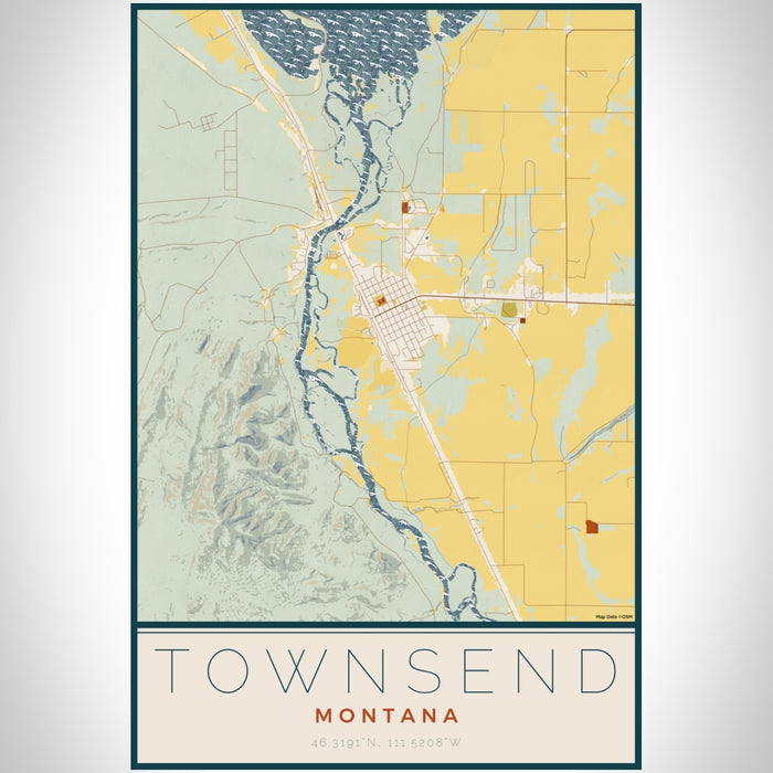 Townsend Montana Map Print Portrait Orientation in Woodblock Style With Shaded Background