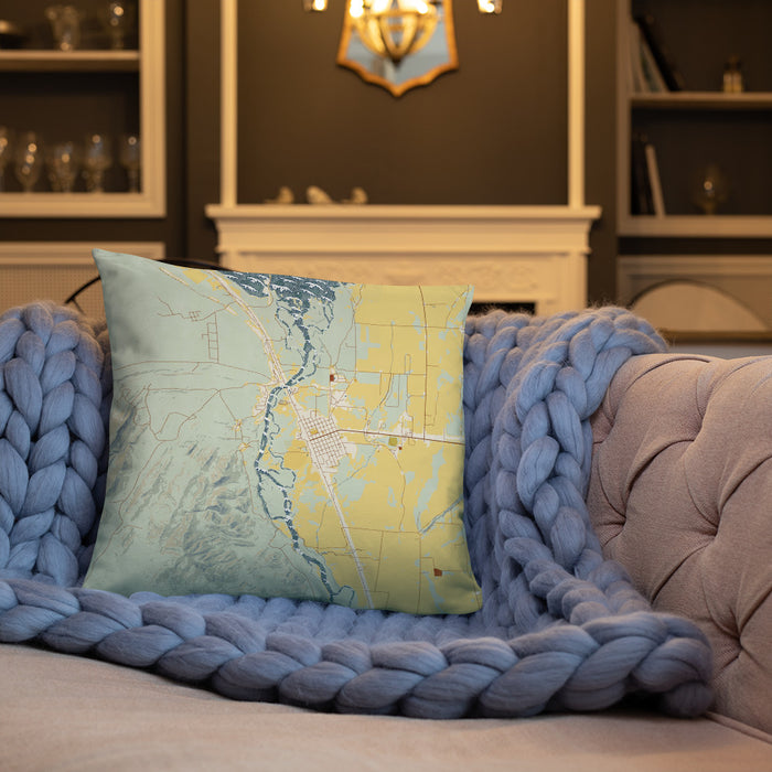 Custom Townsend Montana Map Throw Pillow in Woodblock on Cream Colored Couch