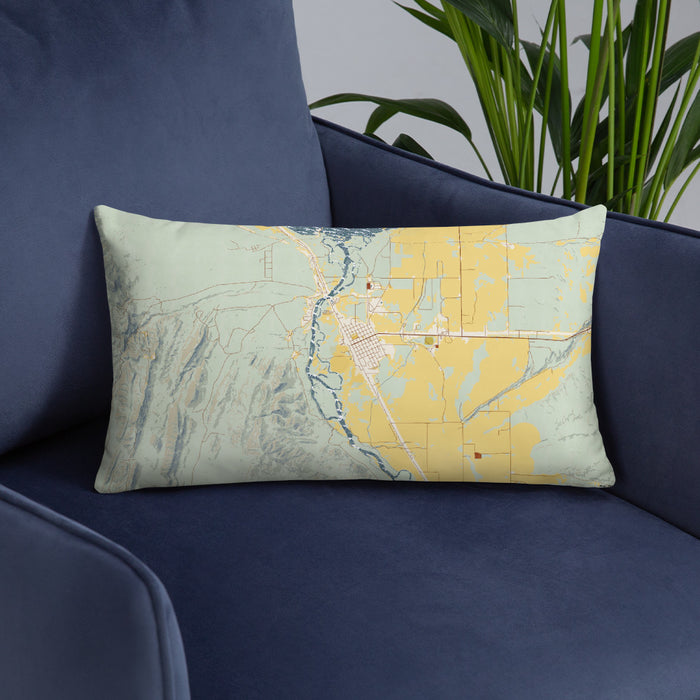 Custom Townsend Montana Map Throw Pillow in Woodblock on Blue Colored Chair