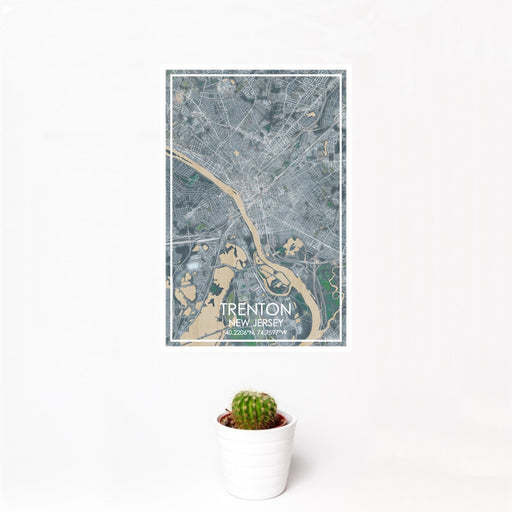 12x18 Trenton New Jersey Map Print Portrait Orientation in Afternoon Style With Small Cactus Plant in White Planter
