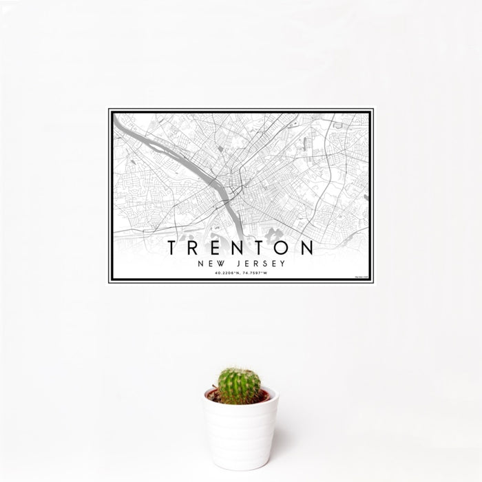 12x18 Trenton New Jersey Map Print Landscape Orientation in Classic Style With Small Cactus Plant in White Planter