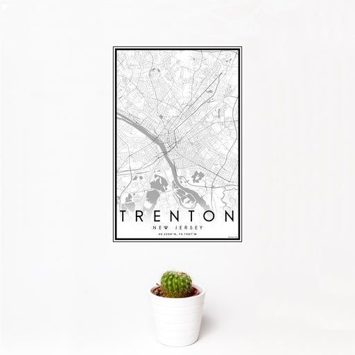 12x18 Trenton New Jersey Map Print Portrait Orientation in Classic Style With Small Cactus Plant in White Planter