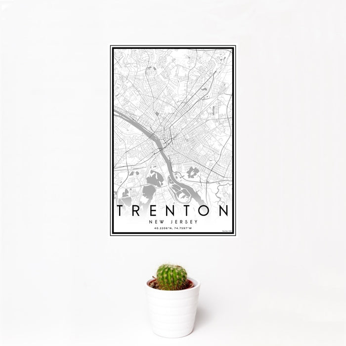 12x18 Trenton New Jersey Map Print Portrait Orientation in Classic Style With Small Cactus Plant in White Planter