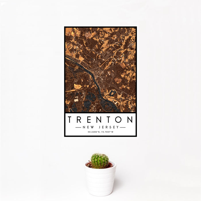 12x18 Trenton New Jersey Map Print Portrait Orientation in Ember Style With Small Cactus Plant in White Planter