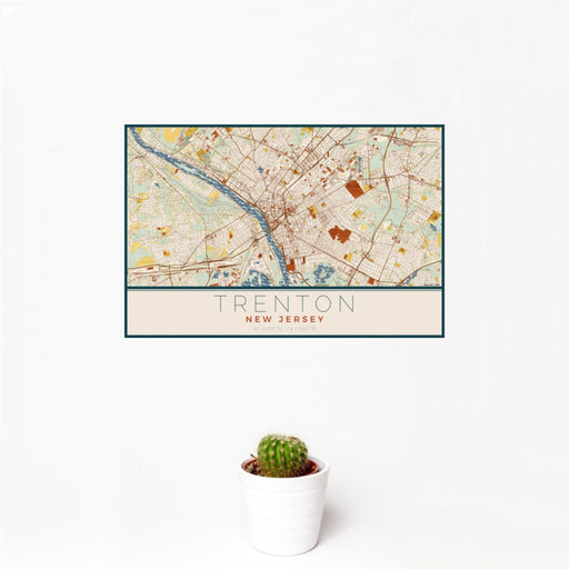 12x18 Trenton New Jersey Map Print Landscape Orientation in Woodblock Style With Small Cactus Plant in White Planter