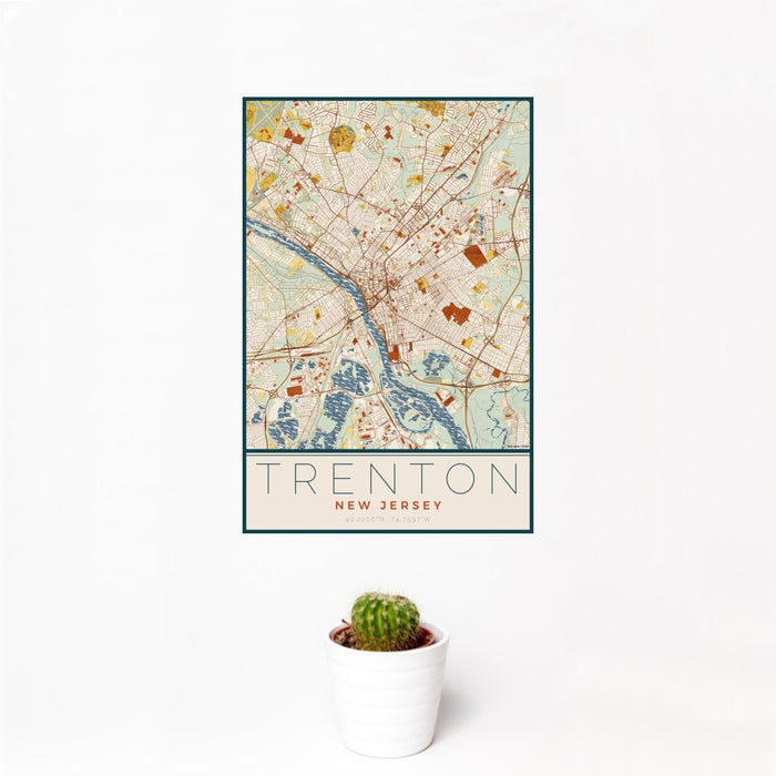 12x18 Trenton New Jersey Map Print Portrait Orientation in Woodblock Style With Small Cactus Plant in White Planter