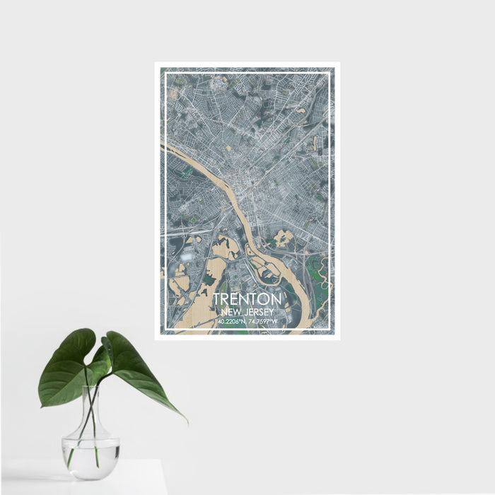 16x24 Trenton New Jersey Map Print Portrait Orientation in Afternoon Style With Tropical Plant Leaves in Water