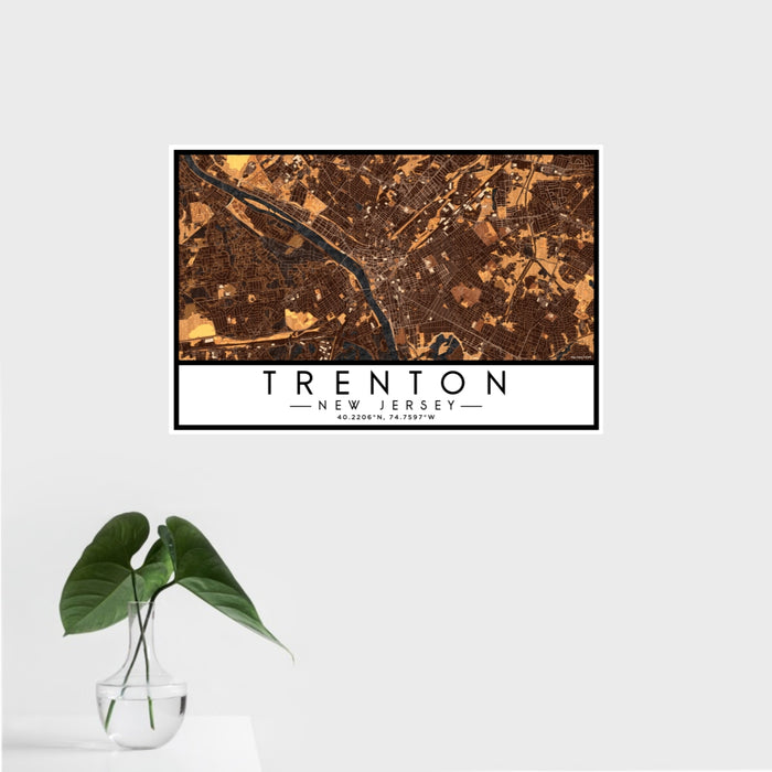 16x24 Trenton New Jersey Map Print Landscape Orientation in Ember Style With Tropical Plant Leaves in Water