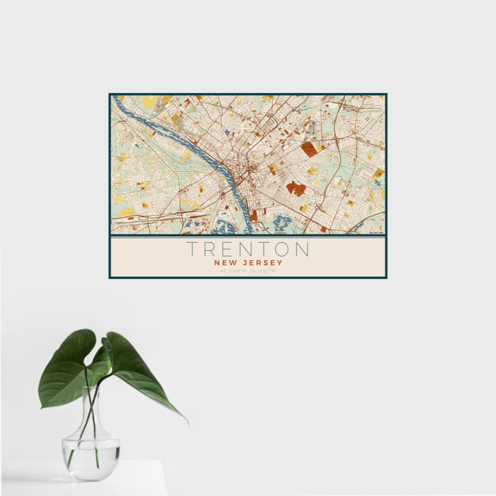 16x24 Trenton New Jersey Map Print Landscape Orientation in Woodblock Style With Tropical Plant Leaves in Water