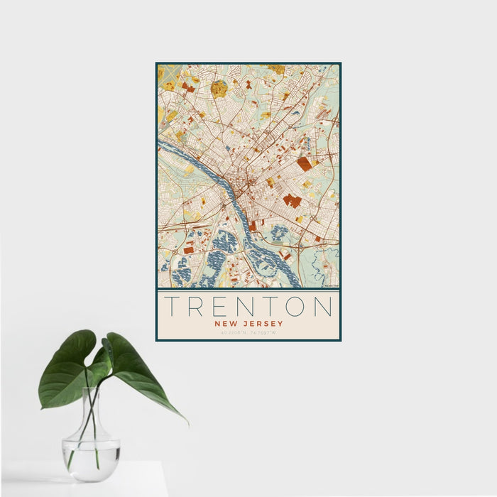 16x24 Trenton New Jersey Map Print Portrait Orientation in Woodblock Style With Tropical Plant Leaves in Water