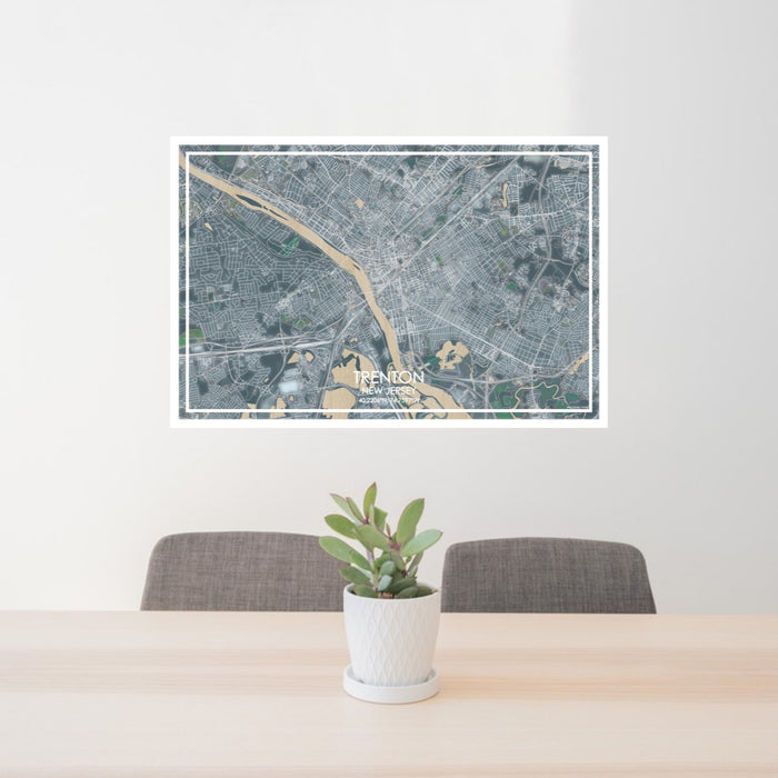 24x36 Trenton New Jersey Map Print Lanscape Orientation in Afternoon Style Behind 2 Chairs Table and Potted Plant