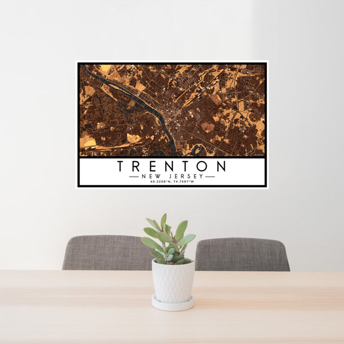 24x36 Trenton New Jersey Map Print Lanscape Orientation in Ember Style Behind 2 Chairs Table and Potted Plant