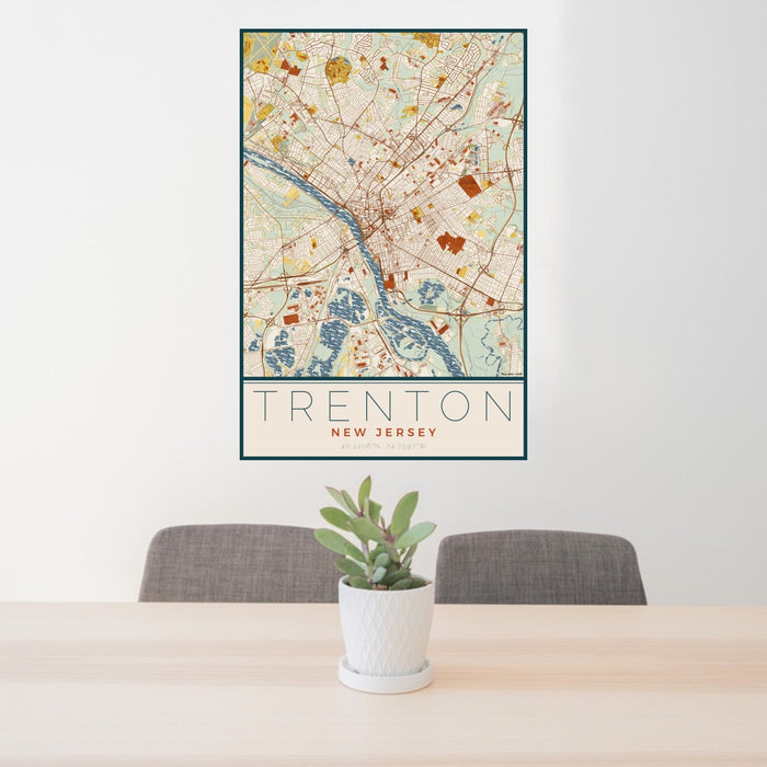 24x36 Trenton New Jersey Map Print Portrait Orientation in Woodblock Style Behind 2 Chairs Table and Potted Plant