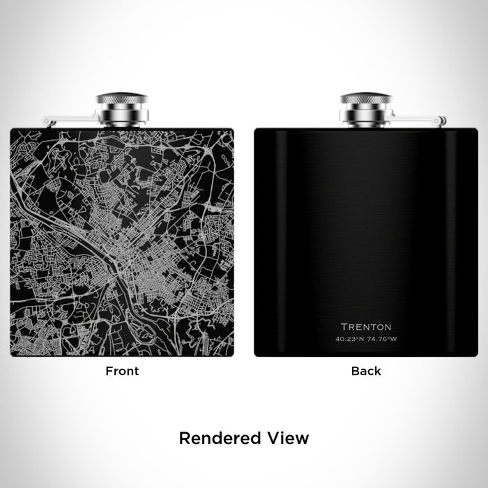 Rendered View of Trenton New Jersey Map Engraving on 6oz Stainless Steel Flask in Black