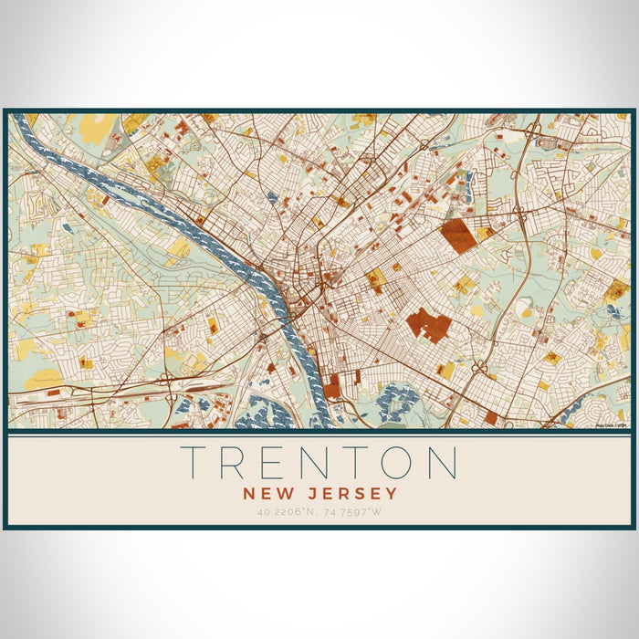 Trenton New Jersey Map Print Landscape Orientation in Woodblock Style With Shaded Background