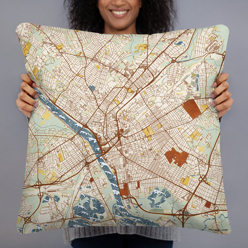 Person holding 22x22 Custom Trenton New Jersey Map Throw Pillow in Woodblock
