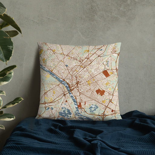 Custom Trenton New Jersey Map Throw Pillow in Woodblock on Bedding Against Wall