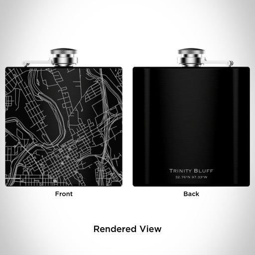 Rendered View of Trinity Bluff Fort Worth Map Engraving on 6oz Stainless Steel Flask in Black