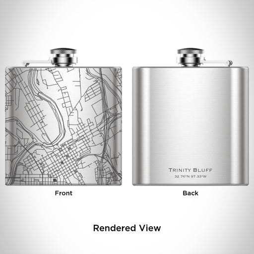 Rendered View of Trinity Bluff Fort Worth Map Engraving on 6oz Stainless Steel Flask