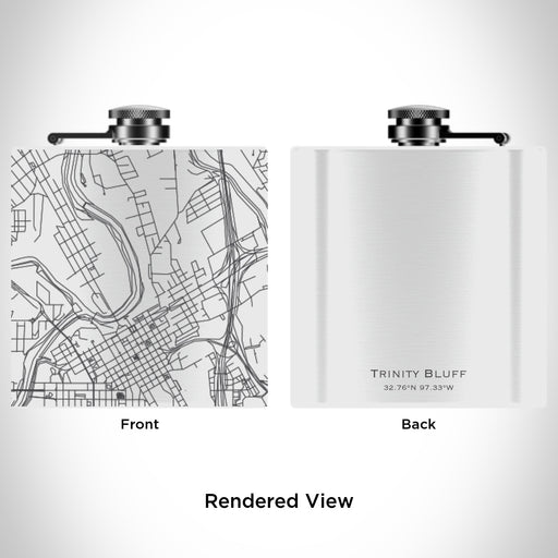 Rendered View of Trinity Bluff Fort Worth Map Engraving on 6oz Stainless Steel Flask in White