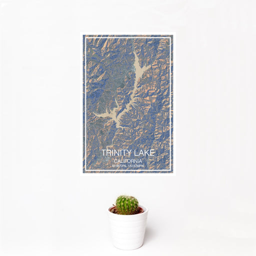 12x18 Trinity Lake California Map Print Portrait Orientation in Afternoon Style With Small Cactus Plant in White Planter