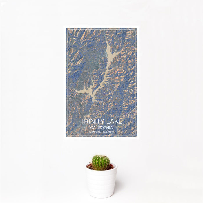 12x18 Trinity Lake California Map Print Portrait Orientation in Afternoon Style With Small Cactus Plant in White Planter