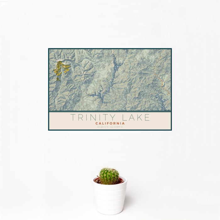 12x18 Trinity Lake California Map Print Landscape Orientation in Woodblock Style With Small Cactus Plant in White Planter