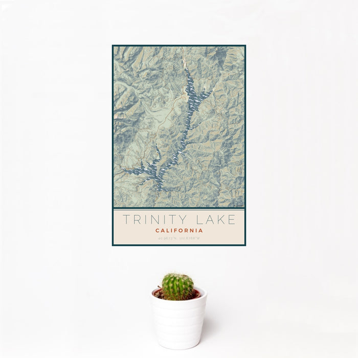 12x18 Trinity Lake California Map Print Portrait Orientation in Woodblock Style With Small Cactus Plant in White Planter