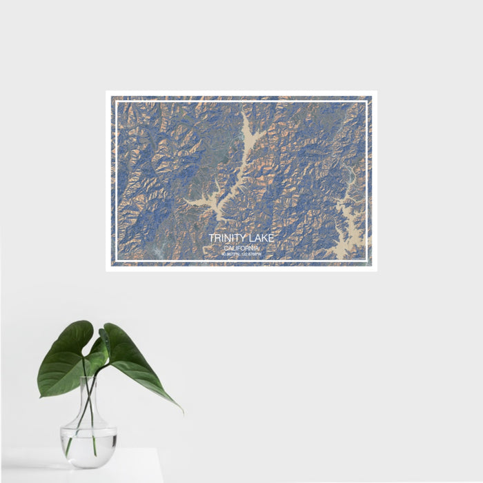 16x24 Trinity Lake California Map Print Landscape Orientation in Afternoon Style With Tropical Plant Leaves in Water
