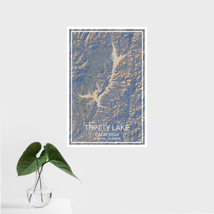 16x24 Trinity Lake California Map Print Portrait Orientation in Afternoon Style With Tropical Plant Leaves in Water