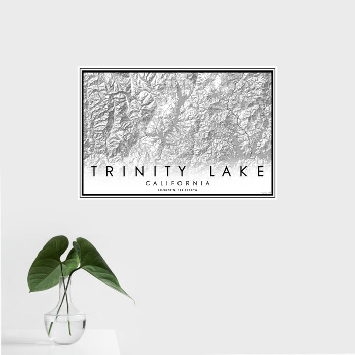 16x24 Trinity Lake California Map Print Landscape Orientation in Classic Style With Tropical Plant Leaves in Water