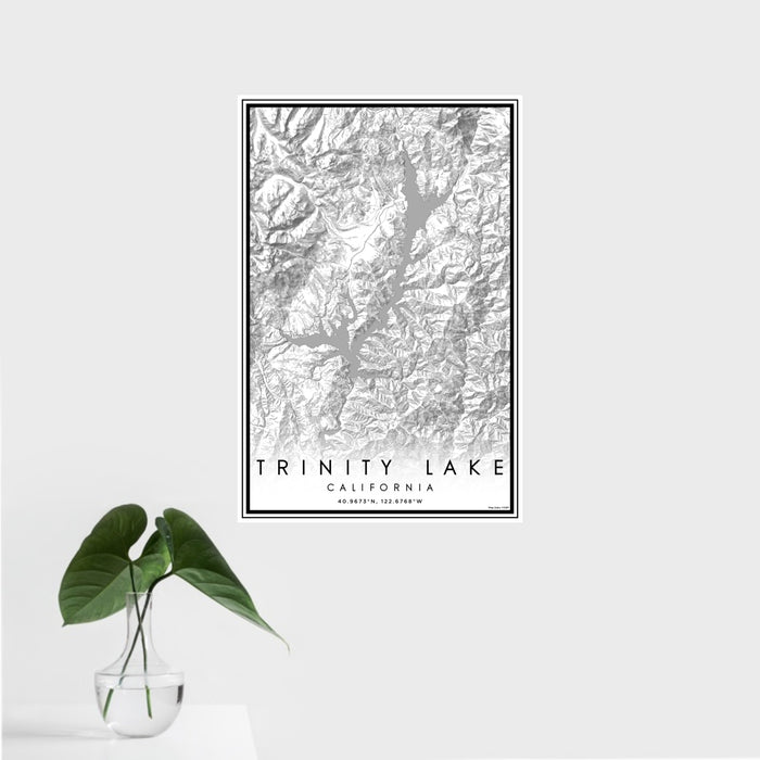 16x24 Trinity Lake California Map Print Portrait Orientation in Classic Style With Tropical Plant Leaves in Water
