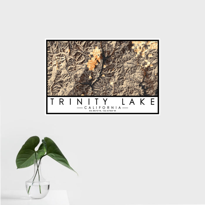 16x24 Trinity Lake California Map Print Landscape Orientation in Ember Style With Tropical Plant Leaves in Water