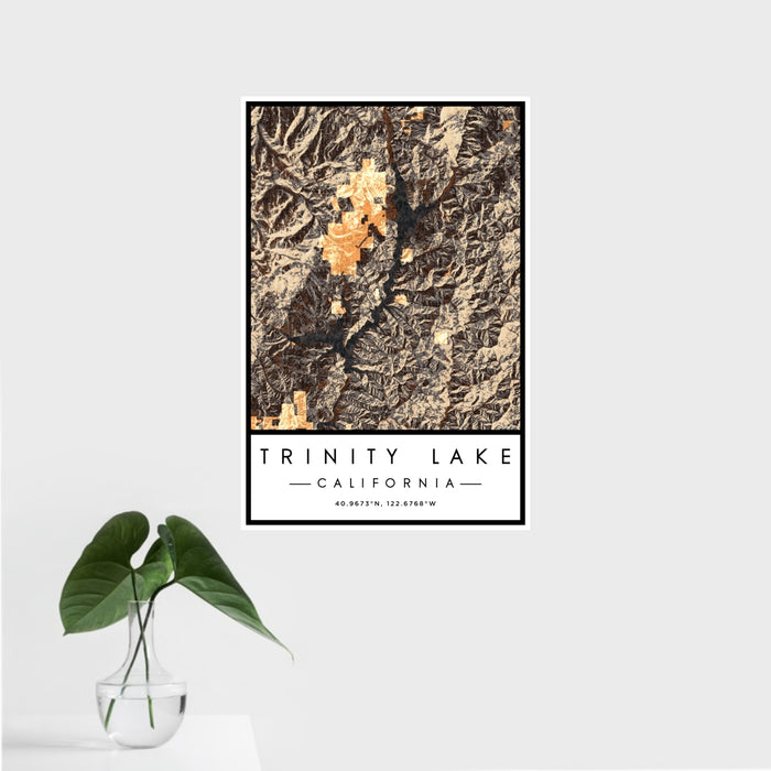 16x24 Trinity Lake California Map Print Portrait Orientation in Ember Style With Tropical Plant Leaves in Water