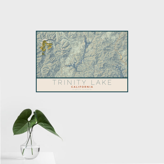 16x24 Trinity Lake California Map Print Landscape Orientation in Woodblock Style With Tropical Plant Leaves in Water