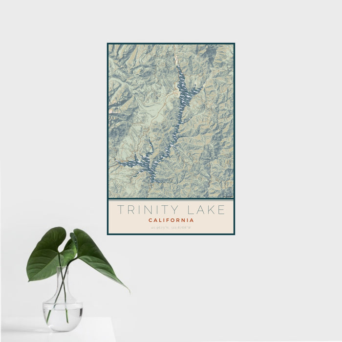 16x24 Trinity Lake California Map Print Portrait Orientation in Woodblock Style With Tropical Plant Leaves in Water