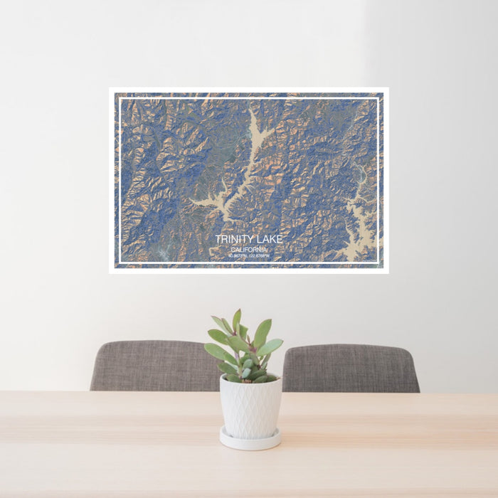 24x36 Trinity Lake California Map Print Landscape Orientation in Afternoon Style Behind 2 Chairs Table and Potted Plant